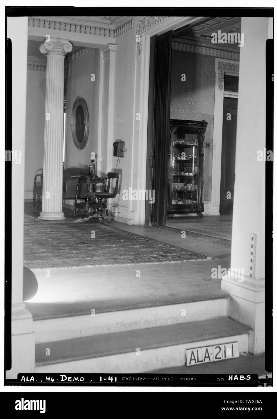 Porzione di parete nord della sala da pranzo e hall dalle estremità del sud della sala a croce. 1936 - Gaineswood, 805 South Cedar Street, Demopolis, Marengo County, AL Foto Stock