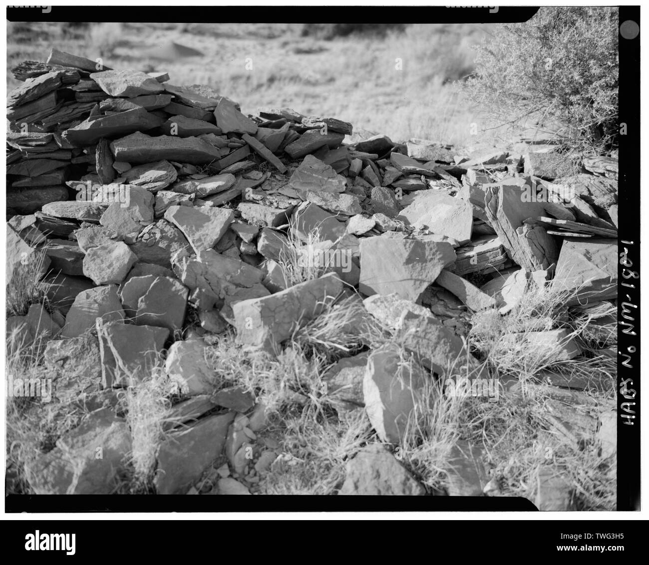 Primitiva di rottura del vento sul punto più alto della cresta, circa 1 a 4 miglio a nord-est del sito, vista verso nord - Bee scavano, sette laghi lavaggio, Crownpoint, McKinley County, NM Foto Stock