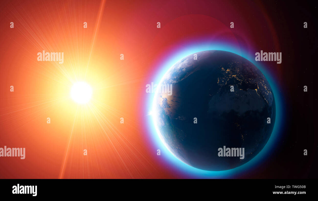 Il riscaldamento globale e i cambiamenti climatici, la vista satellitare della terra e del sole. Spazio e stelle atmosfera, buco dell'ozono. Riduzione dello strato di ozono Foto Stock