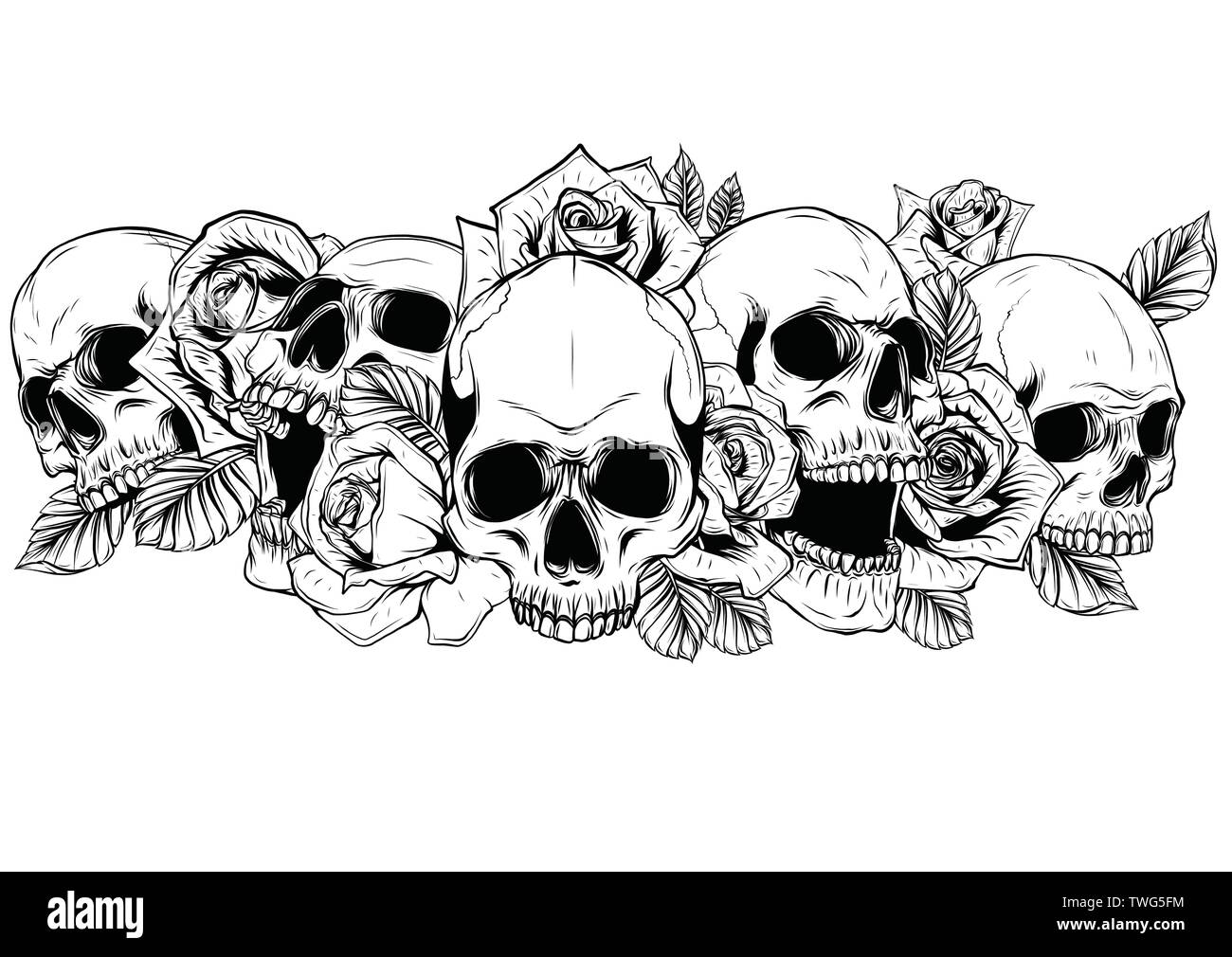 Cranio con rose centifolia tatuaggio da disegno a mano.arte del tatuaggio altamente dettagliate in linea giapponese di stile d'arte. Illustrazione Vettoriale