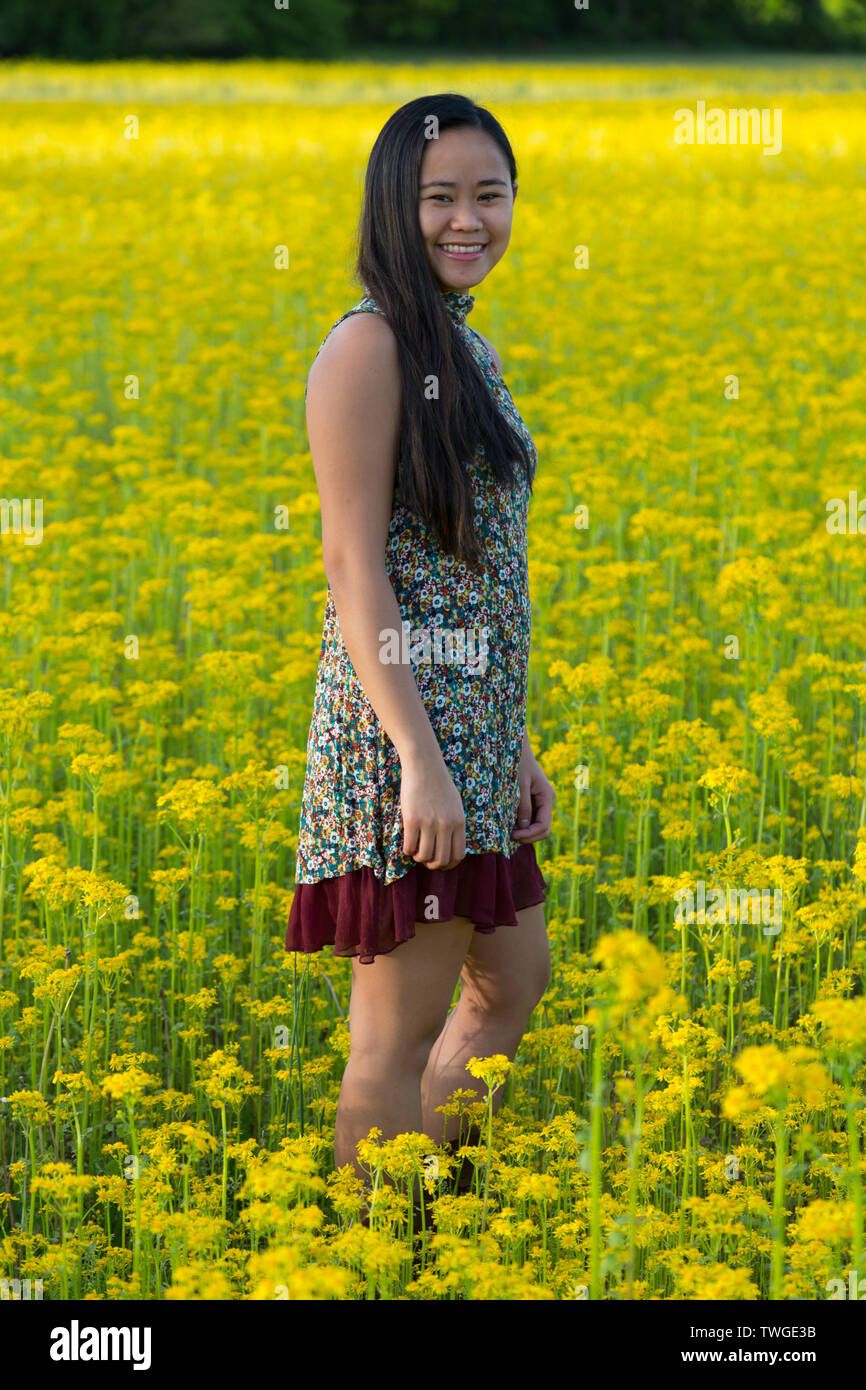 Una bella ragazza adolescente guarda verso la telecamera e sorrisi mentre in piedi in un campo di giallo in Fort Wayne, Indiana, Stati Uniti d'America. Foto Stock