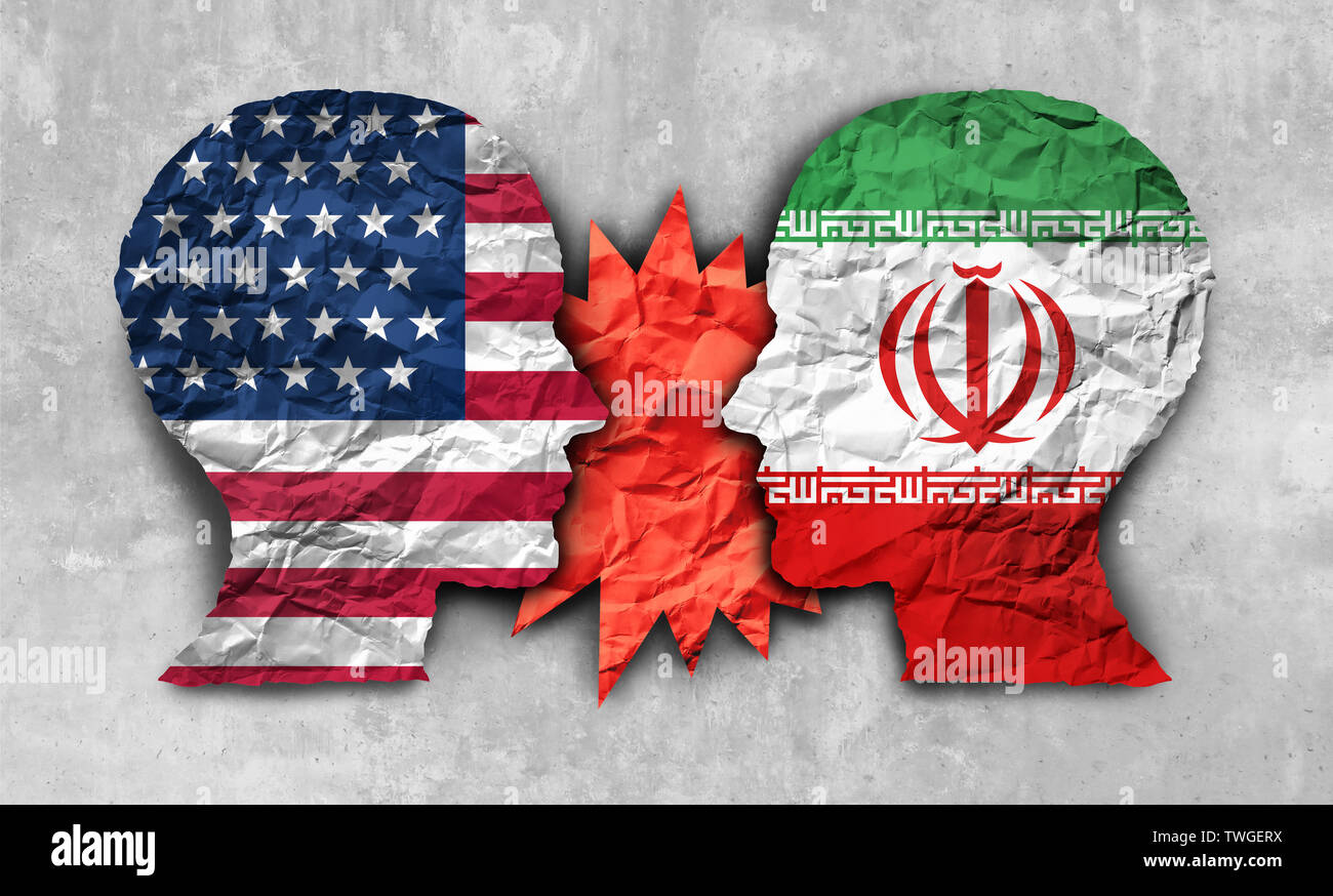 Iran USA il conflitto e Stati Uniti in Medio Oriente il concetto di crisi come un americano e iraniani di problema di sicurezza a causa delle sanzioni economiche e il nucleare trattativa. Foto Stock