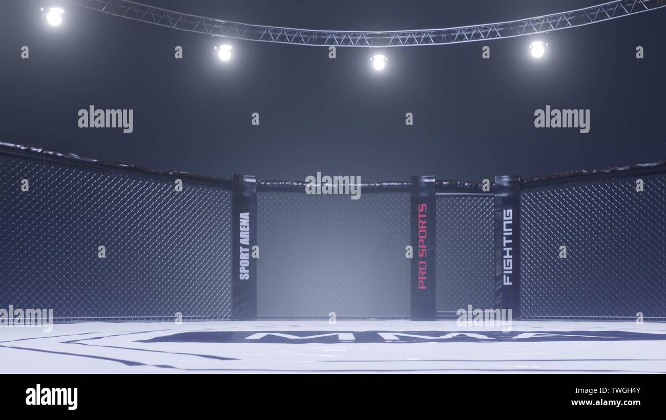 Un 3D render di MMA arena lotta gabbia sotto i proiettori Foto Stock