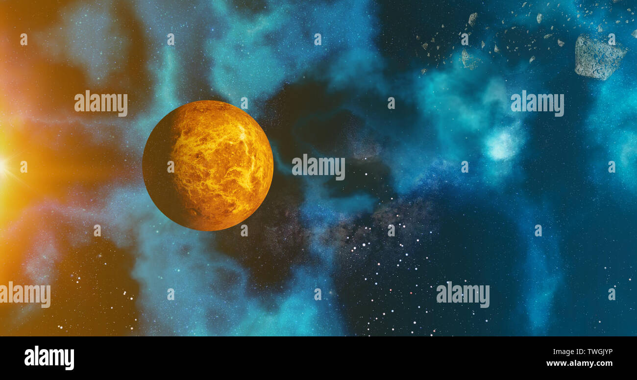 Il sistema solare pianeta Venere concetto su sfondo galattico di Venere e la Via Lattea sistema solare pianeti astronomia concetto rendering 3D Foto Stock