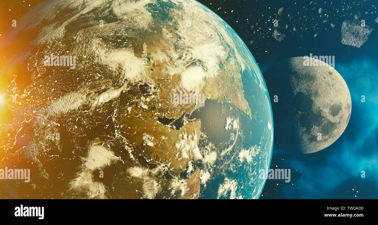 Il sistema solare Terra e Luna pianeta concetto su sfondo galattico la terra e la Luna e la Via Lattea sistema solare pianeti astronomia concetto 3d Arcavacata di Rende Foto Stock