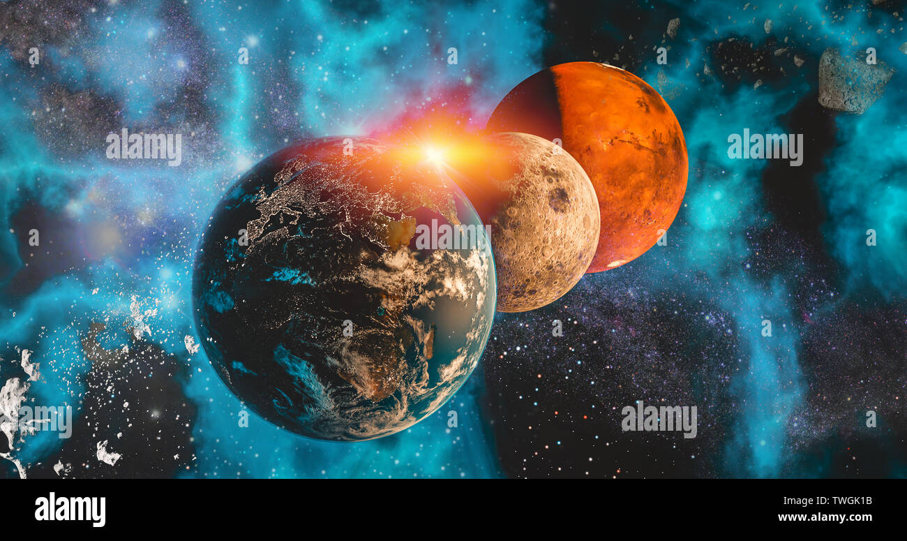 Spazio di viaggio nel sistema solare terra, la Luna e Marte pianeta concetto su sfondo galattico la terra e la Luna e Marte e la Via Lattea sistema solare pianeti una Foto Stock