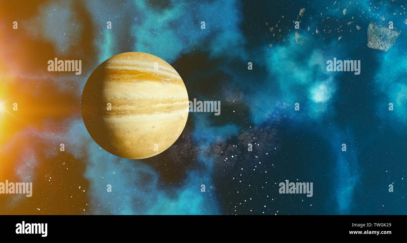 Il sistema solare il pianeta Giove concetto su sfondo galattico Giove e Via Lattea sistema solare pianeti astronomia concetto rendering 3D Foto Stock