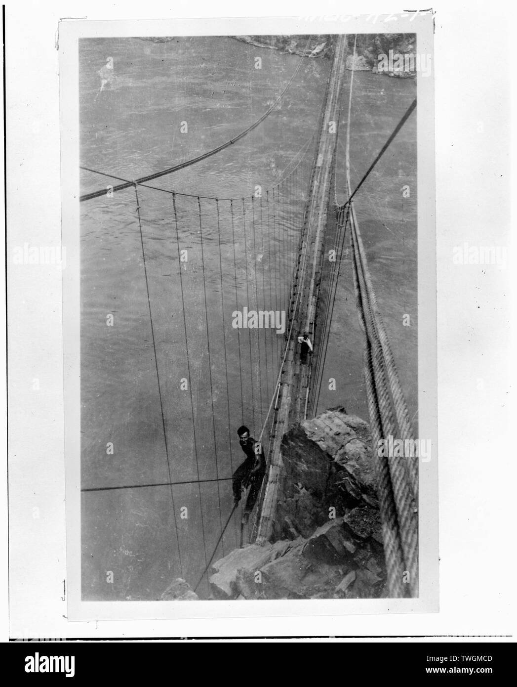 RIGGER A CAVALLO 7-8' rendendo cavo sollevatore a cala fino CAVO PRINCIPALE - Kaibab Trail ponte di sospensione, che attraversano il fiume Colorado e il Grand Canyon, Coconino County, AZ Foto Stock