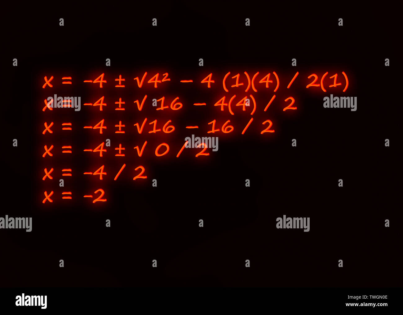 Formula quadratica esempio equazione scritta in neon stile Foto Stock