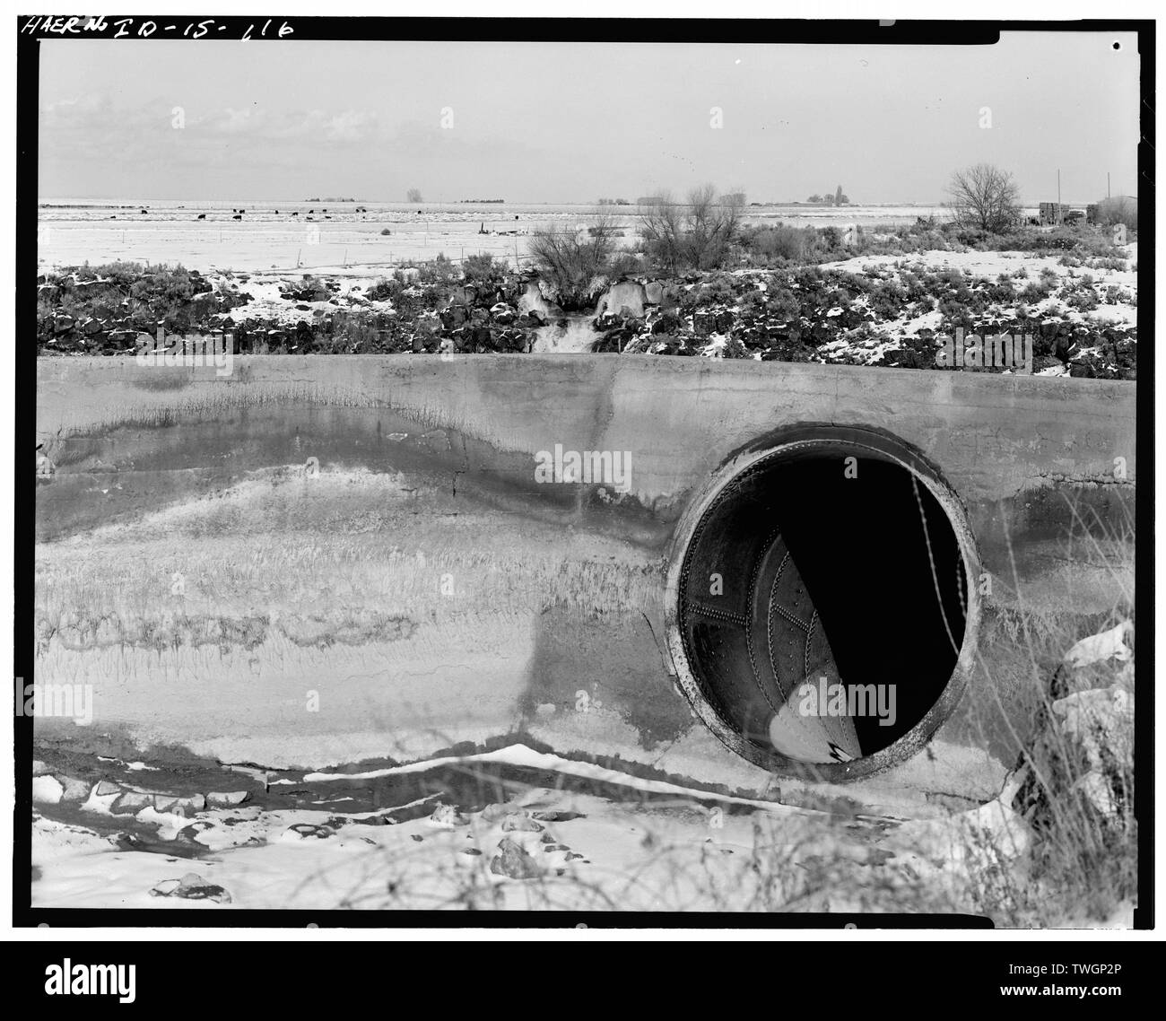ROCK CREEK sifone linea bassa CANAL, Twin Falls County, a sud di KIMBERLY IDAHO; close-up di uscita, fuoriuscite di diversione in background, vista ovest. - Milner diga e del canale principale- Twin Falls Canal Company, sul fiume Snake, 11 miglia ad ovest della città di Burley, Idaho, Twin Falls, Twin Falls County, ID Foto Stock