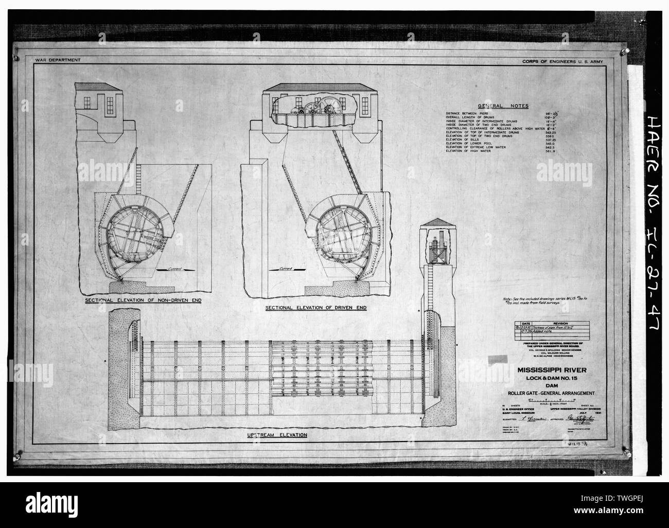 Il rullo porta-DISPOSIZIONE GENERALE. Luglio 1931 - Mississippi River 9 piedi Progetto di canale, bloccare e diga n. 15, superiore del fiume Mississipi (Arsenal Island), Isola Rock, rock Island County, IL; U.S. Esercito di ingegneri; S.A. Healy Company; Merrit-Chapman-Whitney Corporation; Ylvisaker, Lenvik; Piel, John H; McCormick, Herbert Foto Stock