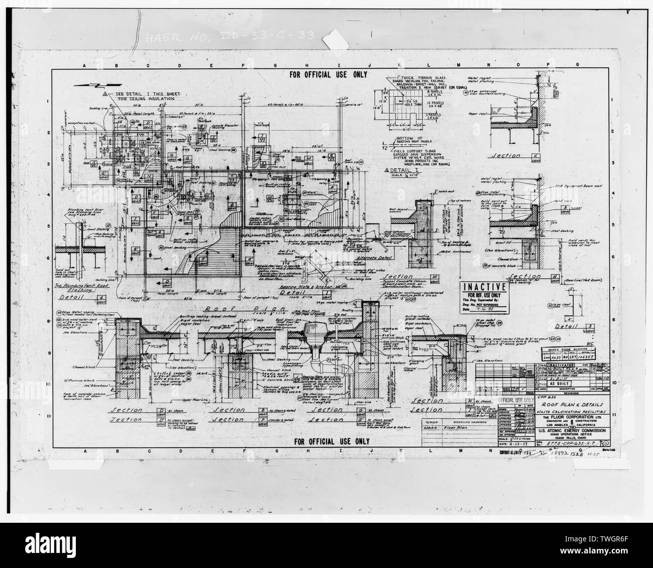 Piano del tetto e i dettagli. INEEL disegno numero 200-0633-00-287-106357. FLUOR numero 5775-CPP-633-A-7. - Idaho National Engineering Laboratory di vecchi rifiuti impianto di calcinazione, Scoville, Butte County, ID Foto Stock