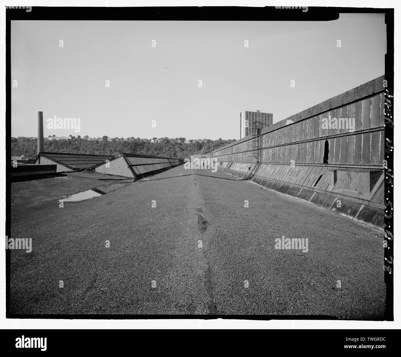 Tetto, centrale e sud-ovest, MONITOR A OVEST DA BAY 48 - Ford Motor Company Edgewater impianto di assemblaggio, montaggio edificio, 309 River Road, Edgewater, Bergen County, NJ Foto Stock