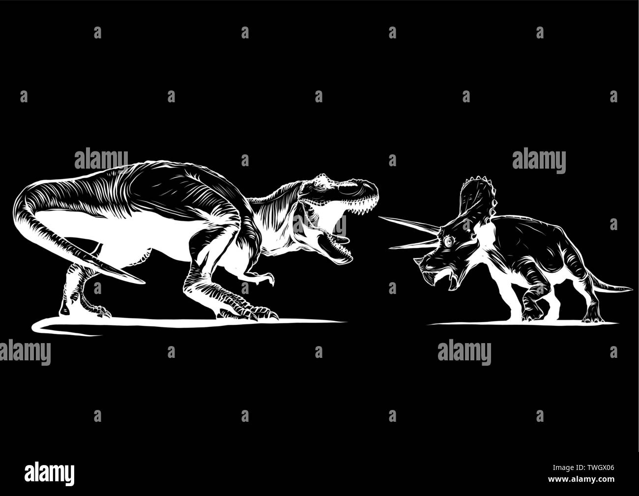 T Rex Versus Triceratops illustrazione con un tyrannosaurs rex attaccando un dinosauro triceratops Illustrazione Vettoriale