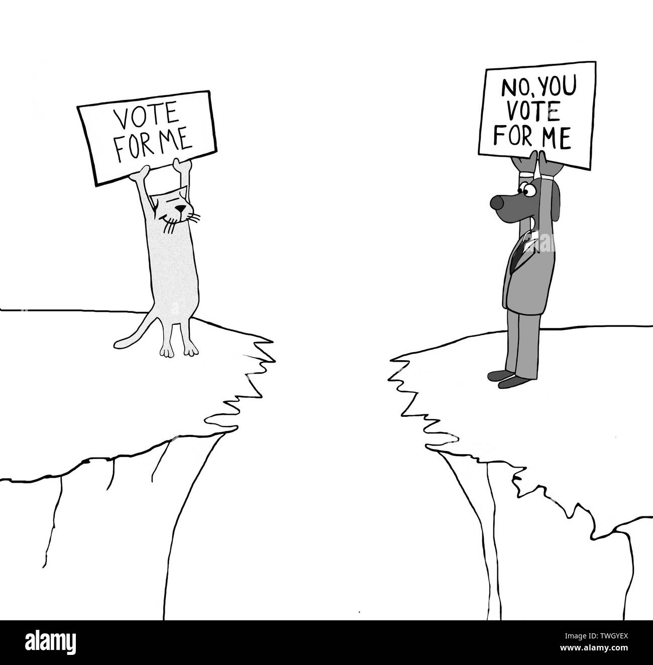 Cat detiene il segno "voto per me". Cane detiene il segno "No, è votare per me" Foto Stock