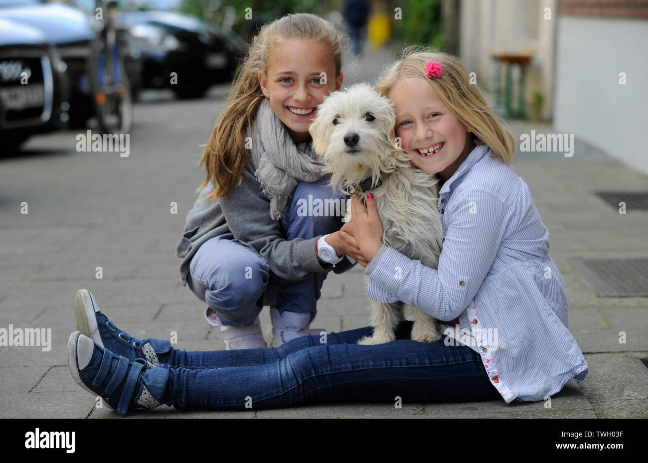 Due sorelle con i loro incroci di cane su un marciapiede di Düsseldorf, Germania. Foto Stock