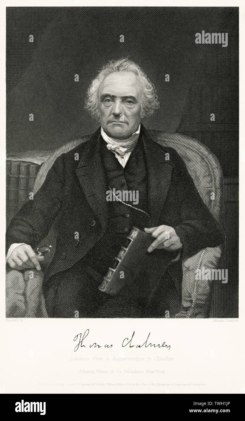 Thomas Chalmers (1780-1847), il ministro scozzese, professore di teologia, economista politico e un leader della Chiesa di Scozia e della libera Chiesa di Scozia, la testa e le spalle ritratto, seduto ritratto, acciaio incisione, galleria di ritratti di illustri uomini e donne di Europa e America da Evert A. Duyckinck, pubblicato da Henry J. Johnson Johnson, Wilson & Company, New York, 1873 Foto Stock