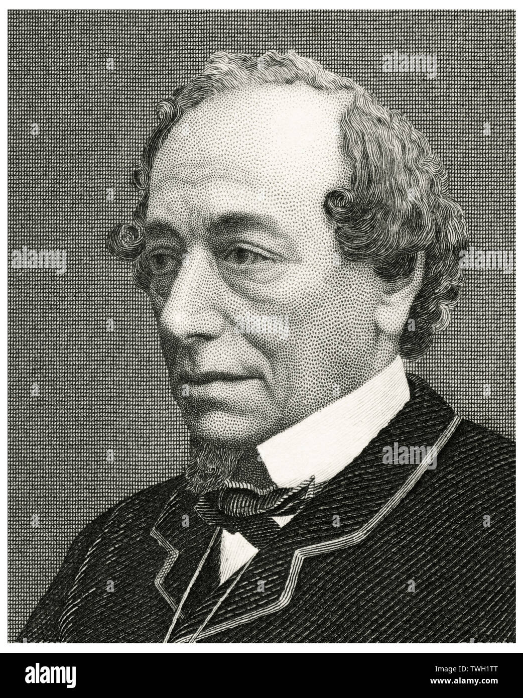 Benjamin Disraeli (1804-1881), uomo politico britannico e Primo Ministro del Regno Unito 1868-68, 1874-80, testa e spalle ritratto, acciaio incisione, galleria di ritratti di illustri uomini e donne di Europa e America da Evert A. Duyckinck, pubblicato da Henry J. Johnson Johnson, Wilson & Company, New York, 1873 Foto Stock
