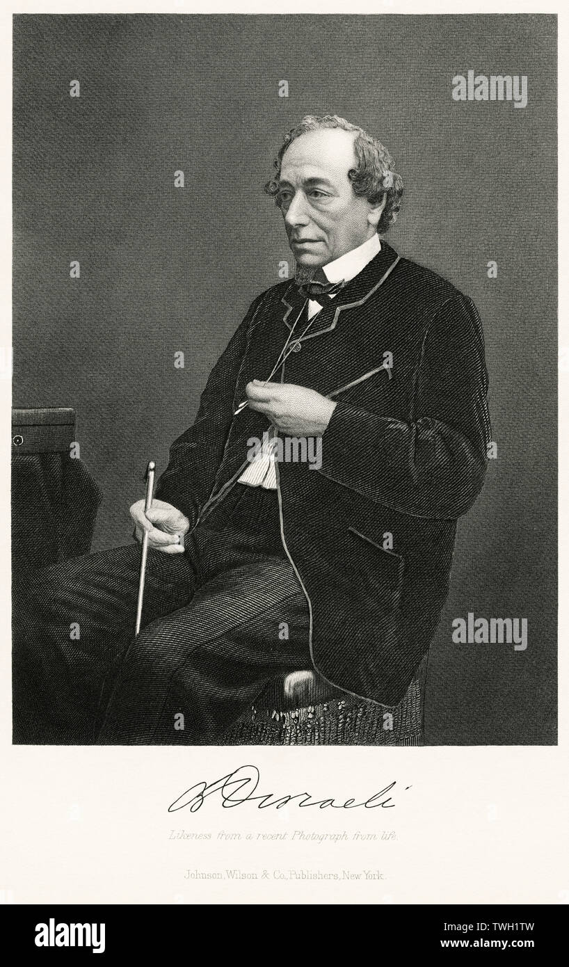 Benjamin Disraeli (1804-1881), uomo politico britannico e Primo Ministro del Regno Unito 1868-68, 1874-80, seduto ritratto, acciaio incisione, galleria di ritratti di illustri uomini e donne di Europa e America da Evert A. Duyckinck, pubblicato da Henry J. Johnson Johnson, Wilson & Company, New York, 1873 Foto Stock
