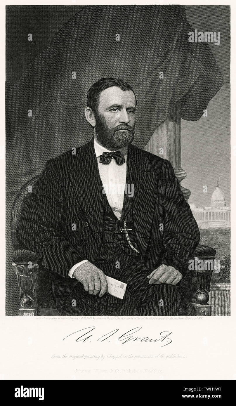 Ulisse S. Grant (1822-85), comandante della Unione europea eserciti durante la Guerra Civile americana e diciottesimo presidente degli Stati Uniti, seduto ritratto, acciaio incisione, galleria di ritratti di illustri uomini e donne di Europa e America da Evert A. Duyckinck, pubblicato da Henry J. Johnson Johnson, Wilson & Company, New York, 1873 Foto Stock