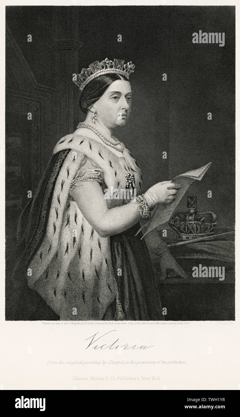 La regina Victoria (1819-1901), la Regina del Regno Unito di Gran Bretagna e Irlanda, Half-Length ritratto, acciaio incisione, galleria di ritratti di illustri uomini e donne di Europa e America da Evert A. Duyckinck, pubblicato da Henry J. Johnson Johnson, Wilson & Company, New York, 1873 Foto Stock