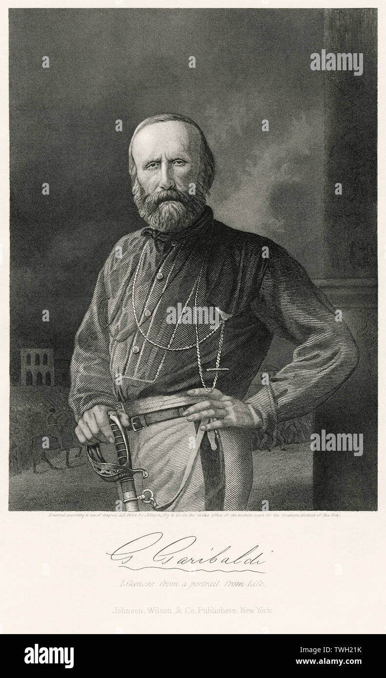 Giuseppe Garibaldi (1807-82), il generale italiano ha contribuito al conseguimento dell'Unificazione Italiana, Half-Length ritratto, acciaio incisione, galleria di ritratti di illustri uomini e donne di Europa e America da Evert A. Duyckinck, pubblicato da Henry J. Johnson Johnson, Wilson & Company, New York, 1873 Foto Stock