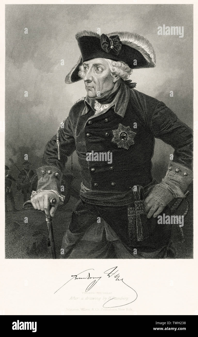 Federico II (1712-86), il re del regno di Prussia 1740-86, Half-Length ritratto, acciaio incisione, galleria di ritratti di illustri uomini e donne di Europa e America da Evert A. Duyckinck, pubblicato da Henry J. Johnson Johnson, Wilson & Company, New York, 1873 Foto Stock