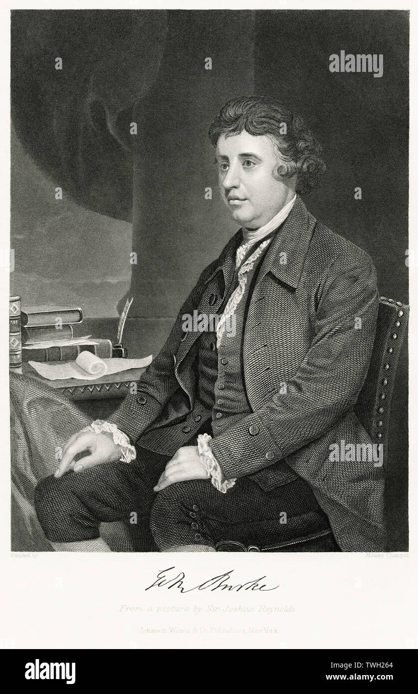 Edmund Burke (1729-97), statista inglese, parlamentare oratore e pensatore politico, seduto ritratto, acciaio incisione, galleria di ritratti di illustri uomini e donne di Europa e America da Evert A. Duyckinck, pubblicato da Henry J. Johnson Johnson, Wilson & Company, New York, 1873 Foto Stock