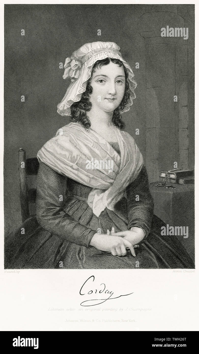 Charlotte Corday (1768-93), eseguito dalla ghigliottina per l assassinio del leader giacobina Jean-Paul Marat durante la Rivoluzione Francese, seduto ritratto, acciaio incisione, galleria di ritratti di illustri uomini e donne di Europa e America da Evert A. Duyckinck, pubblicato da Henry J. Johnson Johnson, Wilson & Company, New York, 1873 Foto Stock