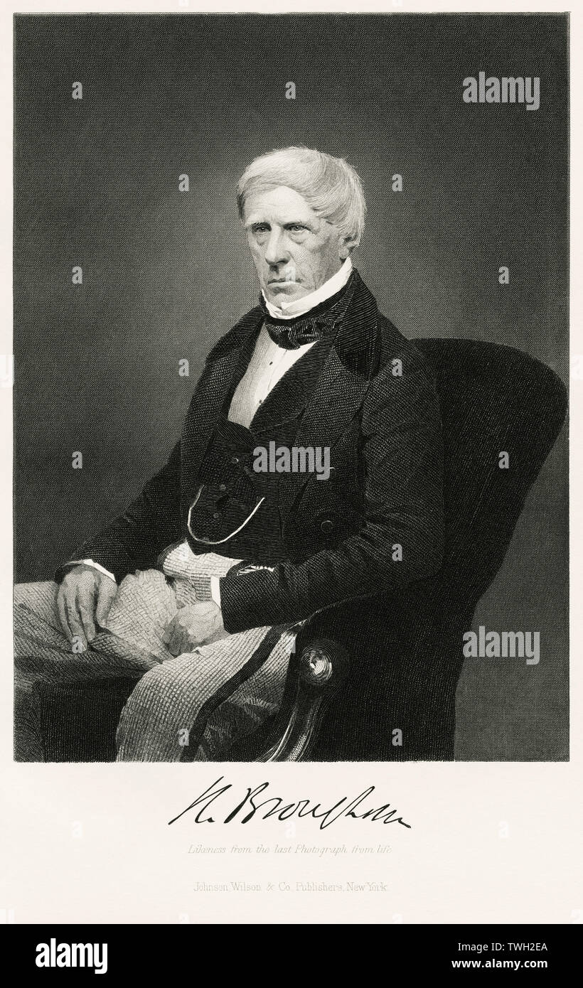 Henry Brougham (1778-1868), primo Baron Brougham e Vaux,, British politico riformatore e Lord Cancelliere 1830-34, seduto ritratto, acciaio incisione, galleria di ritratti di illustri uomini e donne di Europa e America da Evert A. Duyckinck, pubblicato da Henry J. Johnson Johnson, Wilson & Company, New York, 1873 Foto Stock