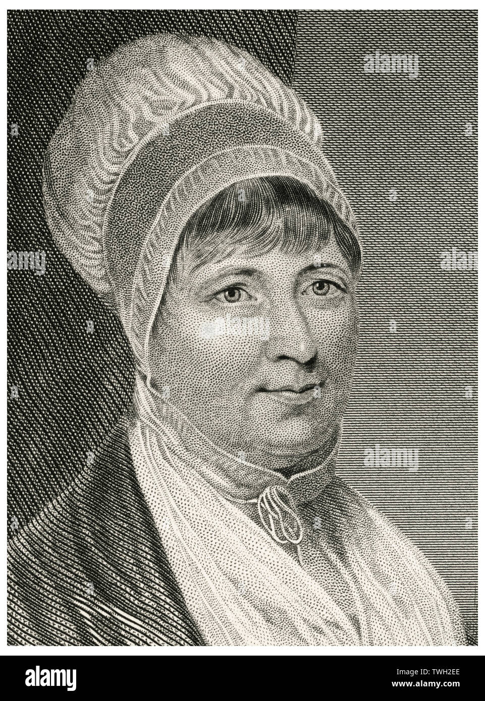 Elizabeth Fry (1780-1845), inglese carcere e riformista sociale, testa e spalle ritratto, acciaio incisione, galleria di ritratti di illustri uomini e donne di Europa e America da Evert A. Duyckinck, pubblicato da Henry J. Johnson Johnson, Wilson & Company, New York, 1873 Foto Stock