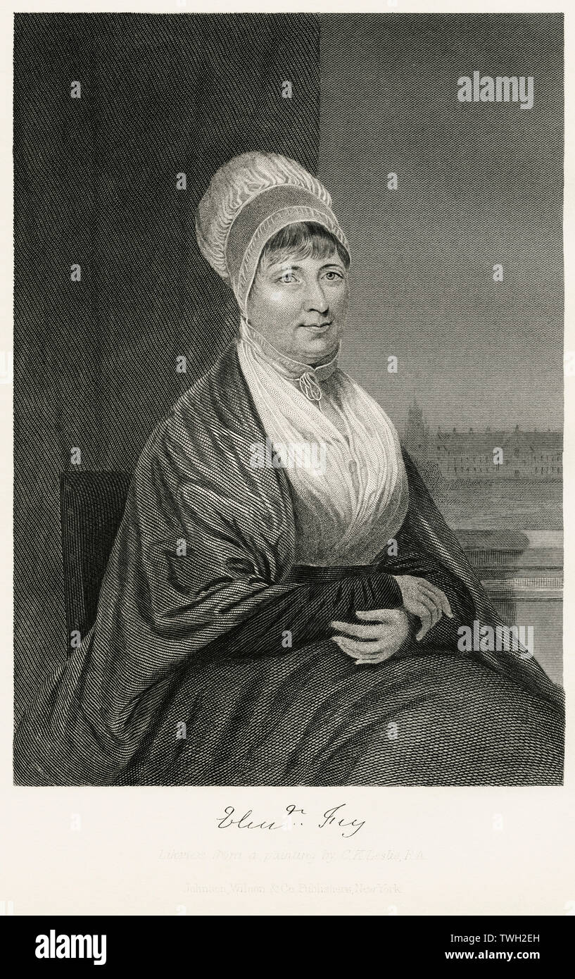 Elizabeth Fry (1780-1845), inglese carcere e riformista sociale, seduto ritratto, acciaio incisione, galleria di ritratti di illustri uomini e donne di Europa e America da Evert A. Duyckinck, pubblicato da Henry J. Johnson Johnson, Wilson & Company, New York, 1873 Foto Stock