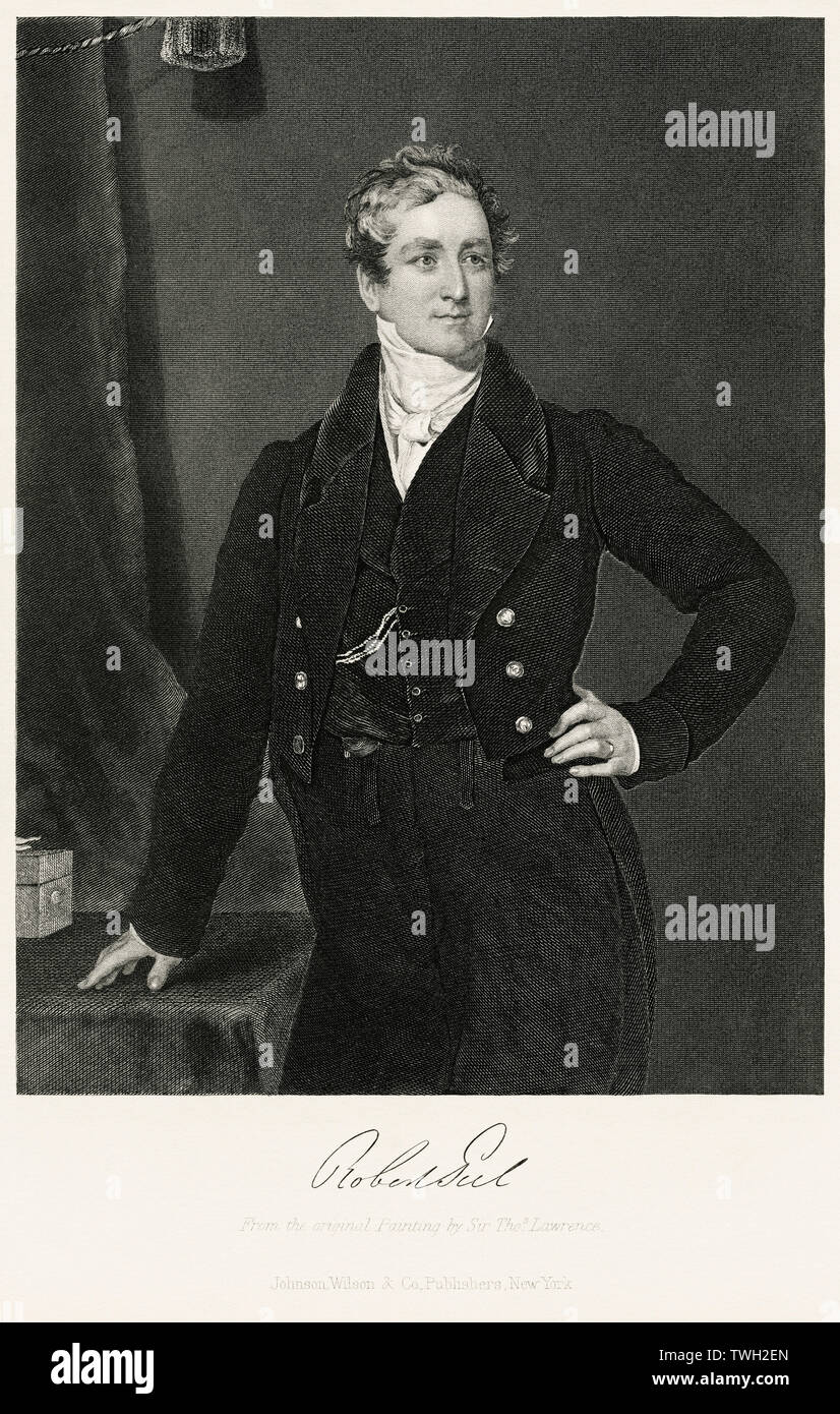 Sir Robert Peel (1788-1850), 2° Baronet, statista britannico e uomo politico, servito due volte come Primo Ministro del Regno Unito 1834-35, 1841-46, Three-Quarter lunghezza Ritratto, acciaio incisione, galleria di ritratti di illustri uomini e donne di Europa e America da Evert A. Duyckinck, pubblicato da Henry J. Johnson Johnson, Wilson & Company, New York, 1873 Foto Stock