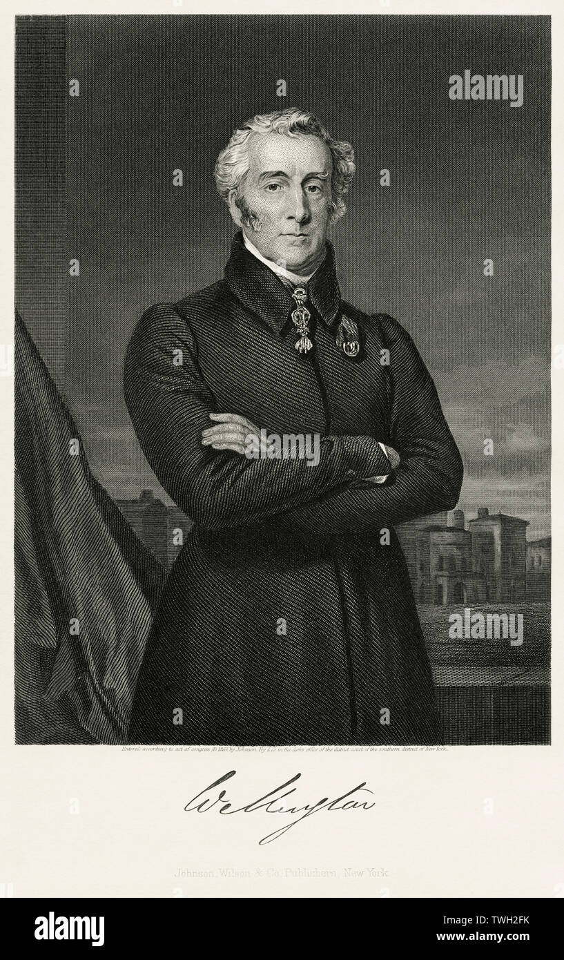Arthur Wellesley (1769-1852), primo duca di Wellington, leader militari britannici e personaggio politico, che serve due volte come Primo Ministro del Regno Unito 1828-30, 1834-34, Three-Quarter lunghezza Ritratto, acciaio incisione, galleria di ritratti di illustri uomini e donne di Europa e America da Evert A. Duyckinck, pubblicato da Henry J. Johnson Johnson, Wilson & Company, New York, 1873 Foto Stock