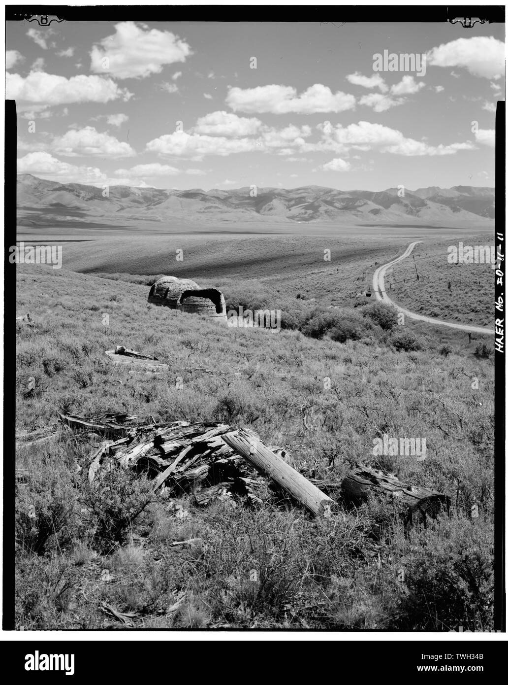 Resti di Douglas-fir cordwood abbandonato quando i forni cessato funzionamento, guardando a nord-est. - Warren King carbonaie, 5 miglia a ovest di Idaho Highway 28, Targhee National Forest, Leadore, Lemhi County, ID Foto Stock