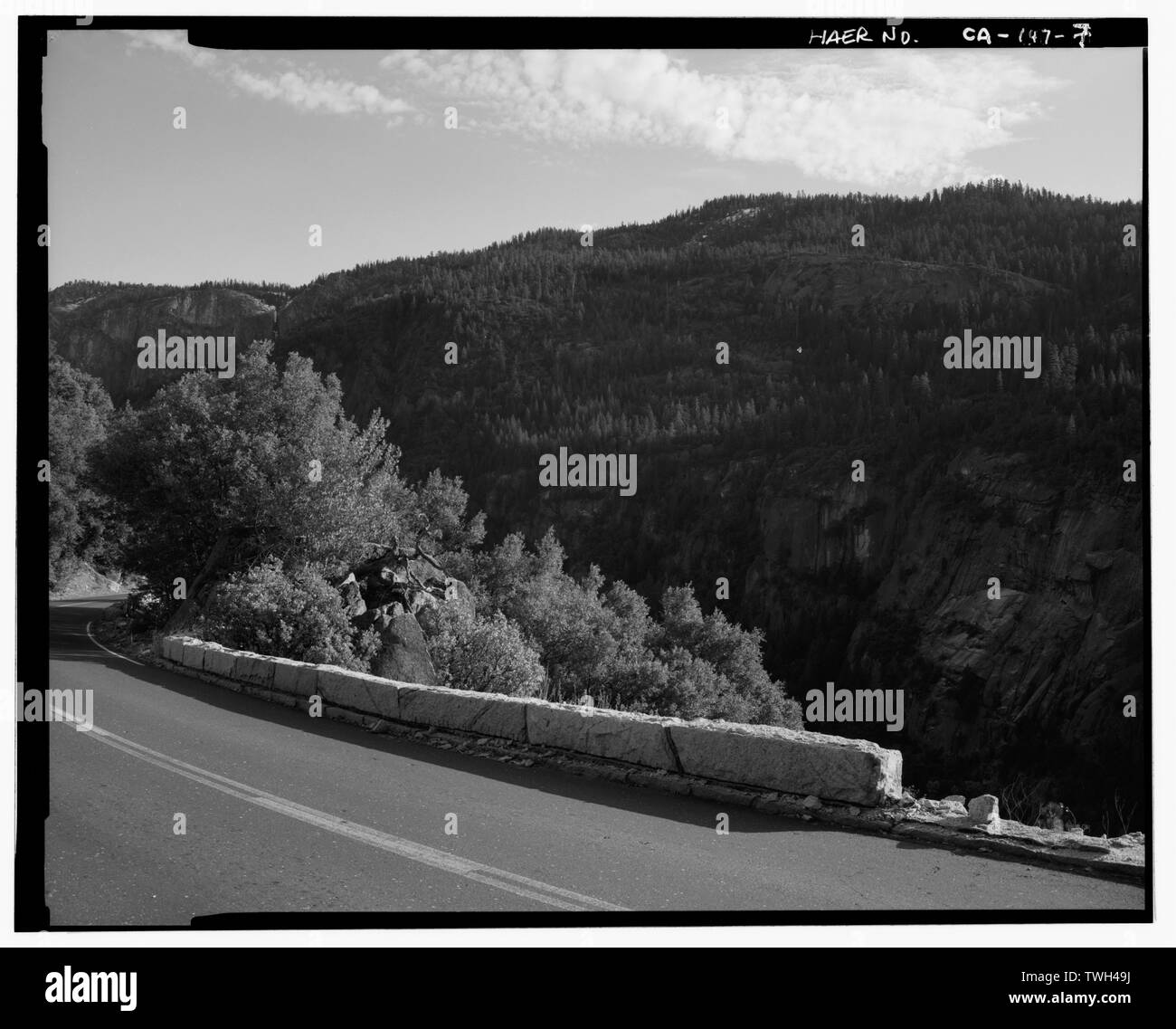 Parete di ritegno, appena ad est del tunnel -1 in grandi botti di strada piana. - Grande Quercia su strada piana, tra grandi botti di entrata piana e fiume Merced, il Villaggio di Yosemite, Mariposa County, CA Foto Stock