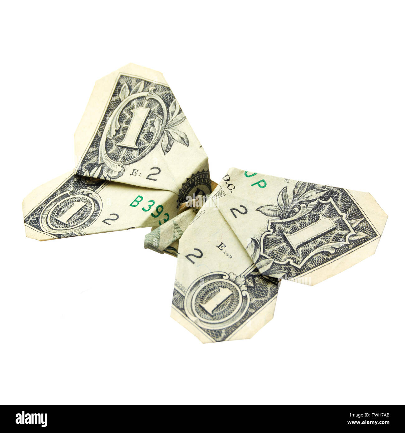 Dollar ripiegato in stile origami in una farfalla. Isolato su sfondo bianco Foto Stock