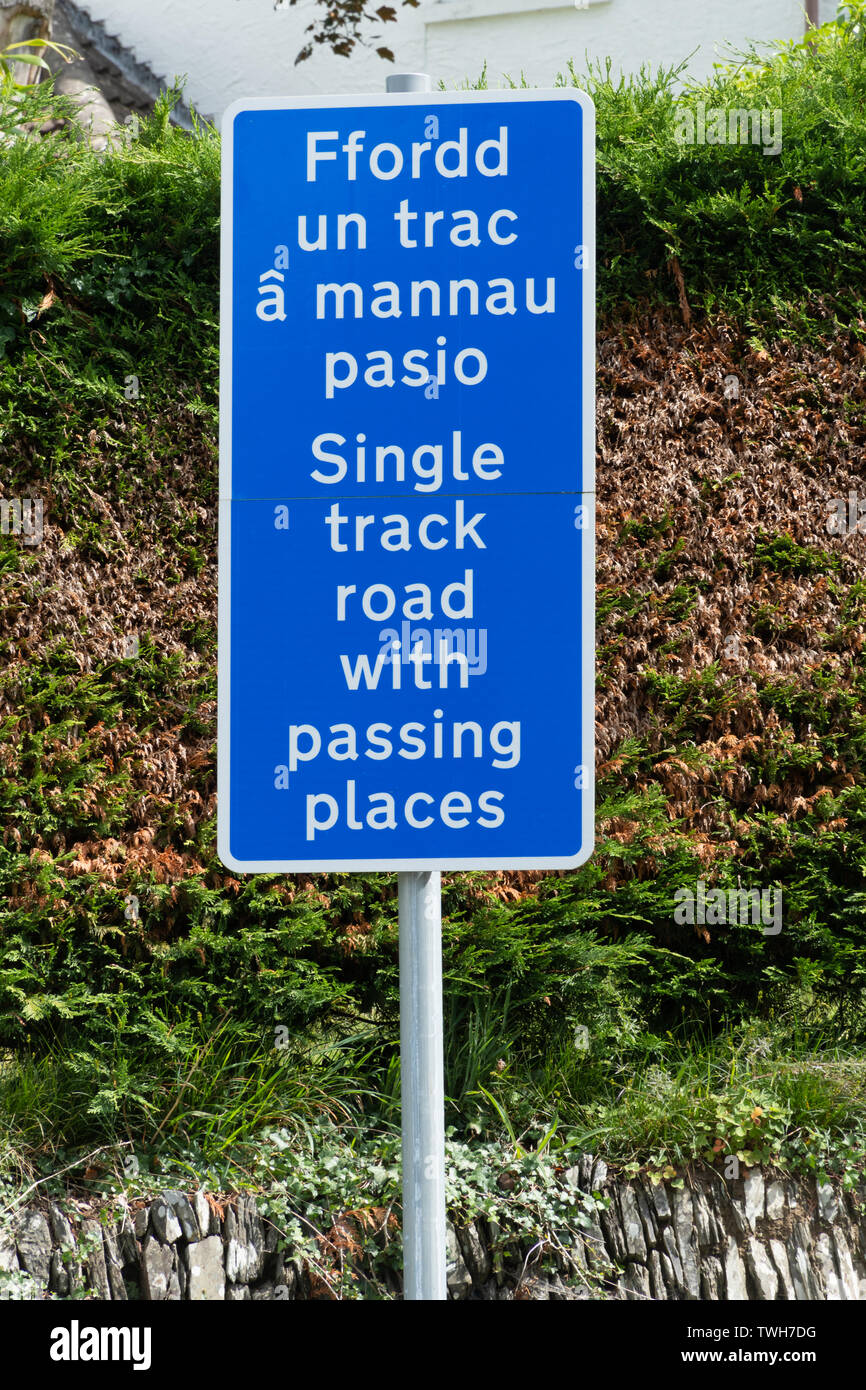 Cartello stradale in gallese e lingua inglese - singola via strada con passaggio di luoghi (Ffordd onu trac un pasio mannau), Wales, Regno Unito Foto Stock