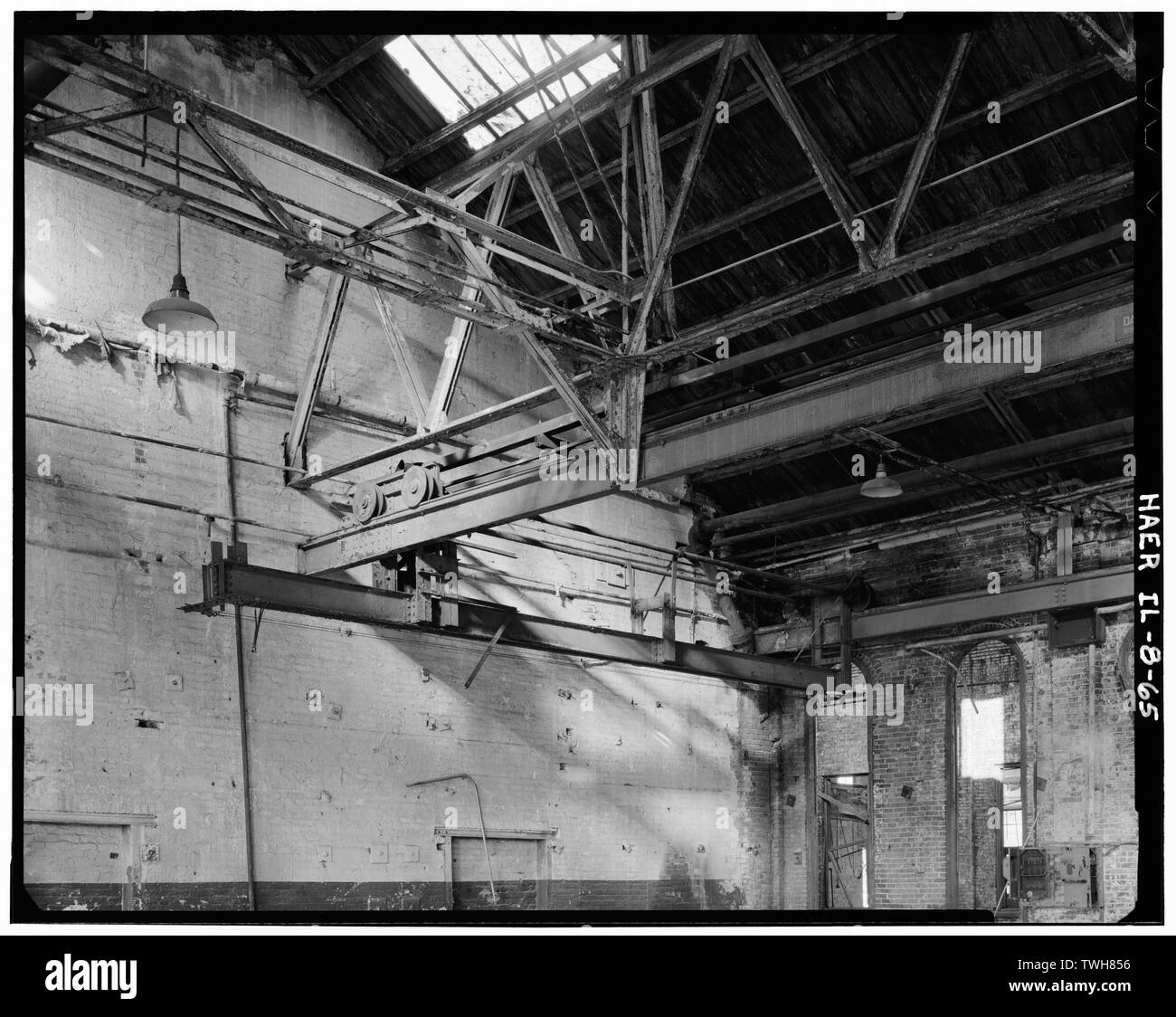 Negozio di asta, carroponte, angolo nord-ovest della camera - Chicago, Burlington e Quincy Railroad, Roundhouse e negozi, Broadway e Spring strade, Aurora, Kane County, IL Foto Stock