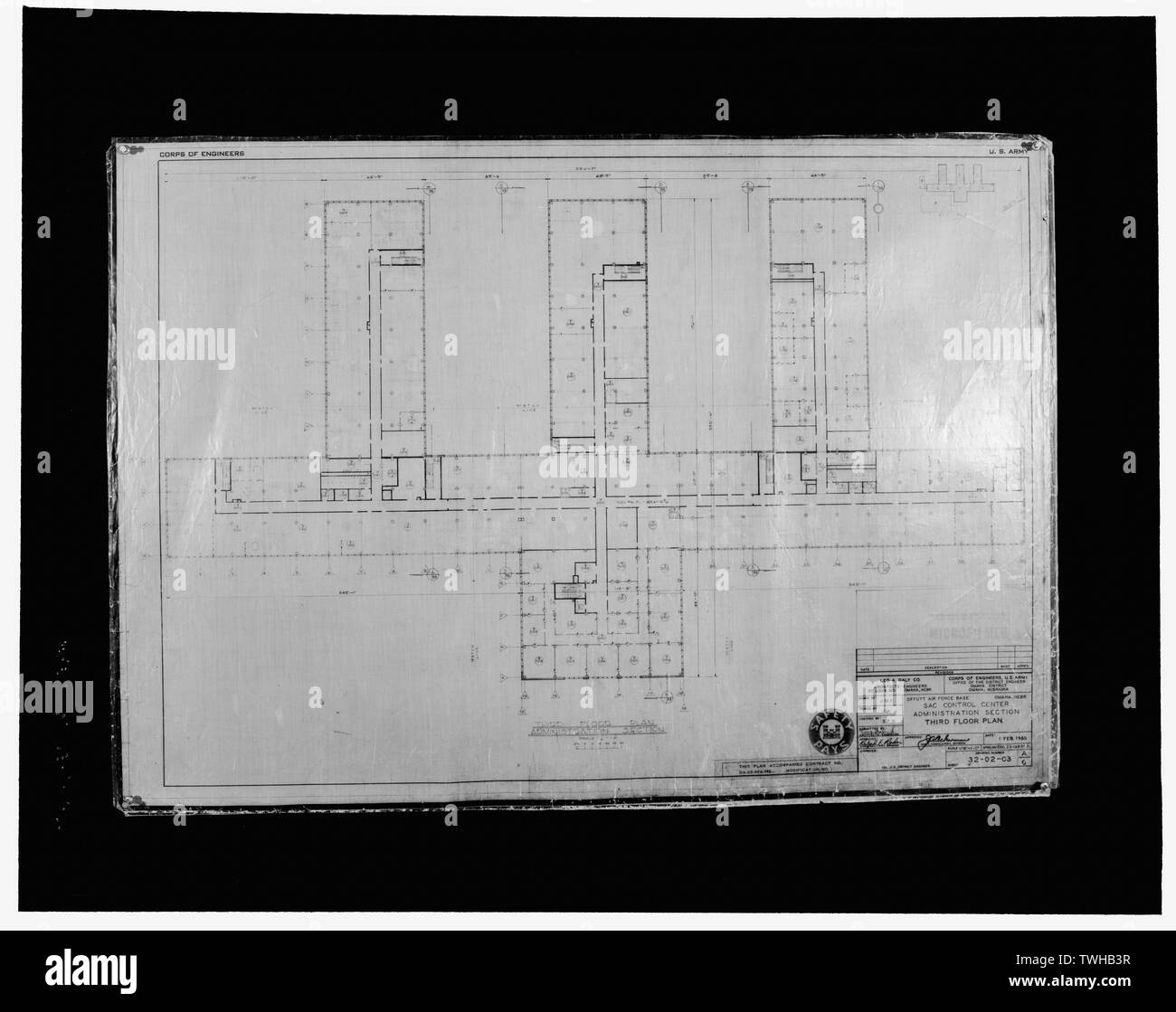 SAC centro di controllo sezione amministrazione terzo piano piano, numero disegno 32-02-03, datata 1 febbraio, 1955 - Offutt Air Force Base, Strategic Air Command Headquarters e Command Center, Headquarters Building, 901 Boulevard SAC, Bellevue, Sarpy County, NE Foto Stock