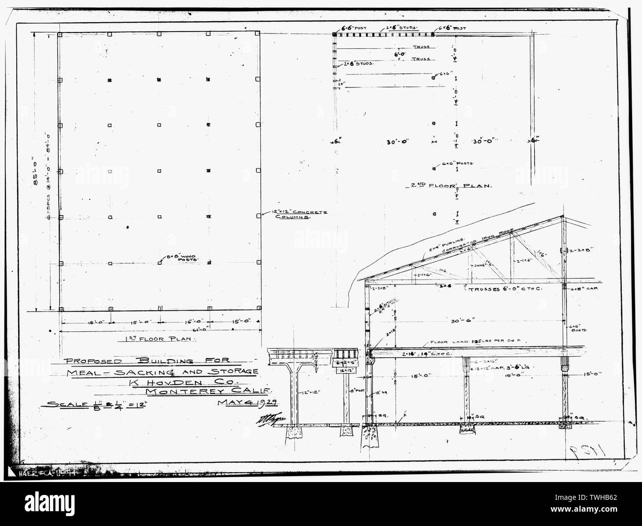 Saccheggi e deposito building, fotocopia del disegno da file di inscatolamento Hoyden Co., 4 maggio 1929. - Hovden Cannery, 886 Cannery Row, Monterey, Contea di Monterey, CA Foto Stock