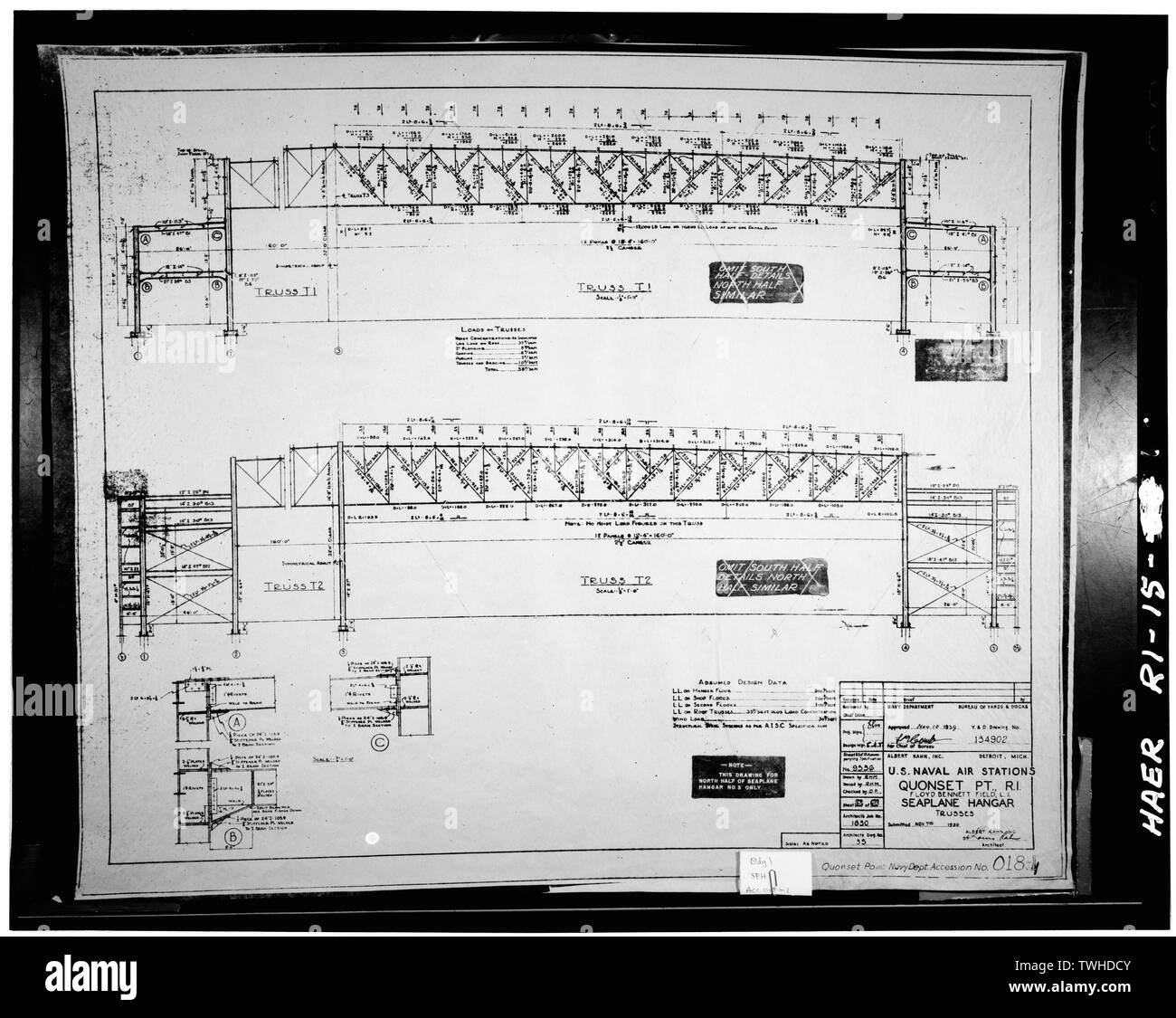Idrovolante Hangar (Bldg. 2), a capriate. ALBERT KAHN, INC., 7 novembre 1939. QP ACC 018-1. - Punto di Quonset Naval Air Station, Roger Williams modo, North Kingstown, Washington County, RI; Albert Kahn,incorporato; George A Fuller Company; Merritt-Chapman e Scott Corporation Foto Stock