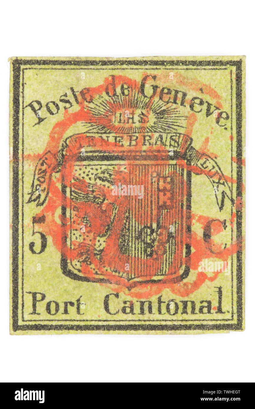 5 cent cantonale di Ginevra il timbro da 1847 isolati su sfondo bianco. Foto Stock