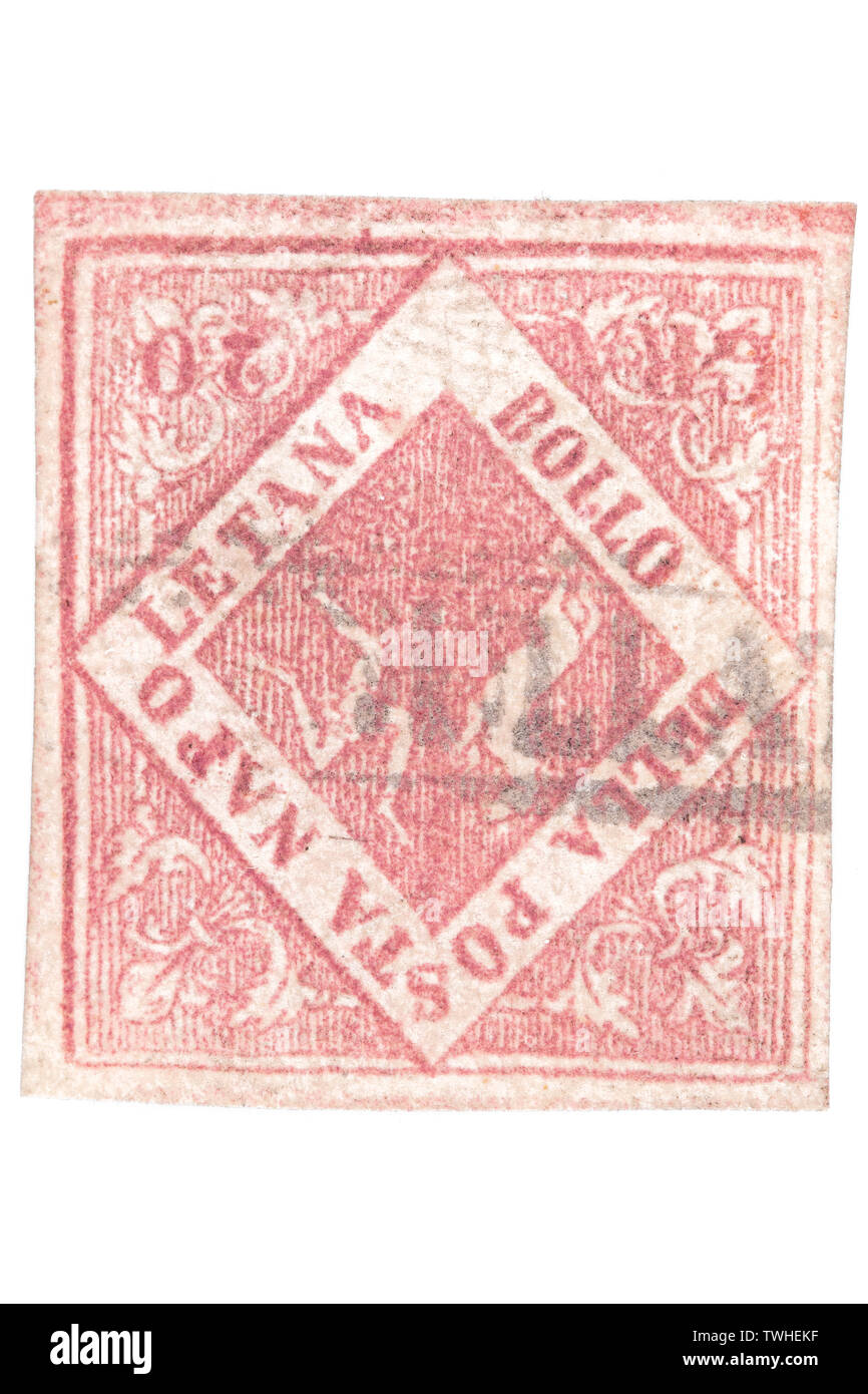 Falsificazione postale del 1858 Regno di Napoli 20 Grana timbro isolato su sfondo bianco. Foto Stock