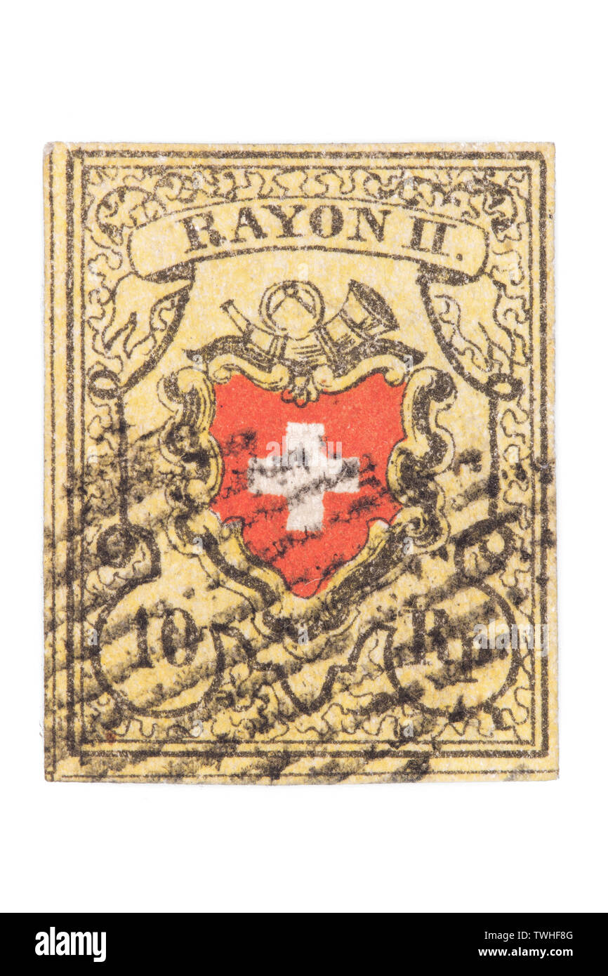 Swiss 10 Rappen Rayon II timbro isolato su sfondo bianco. Foto Stock