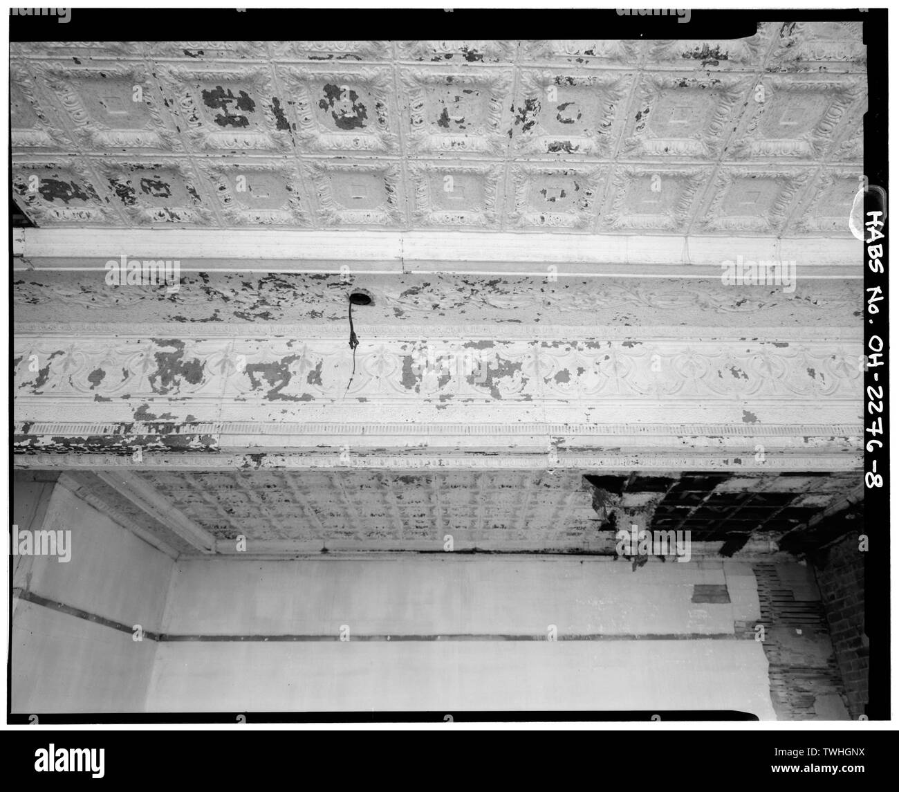 Secondo piano il dettaglio del soffitto, angolo sudovest CAMERA - Newton Township Edificio, South Main Street vicino a Hill Street, Pleasant Hill, Miami County, OH Foto Stock