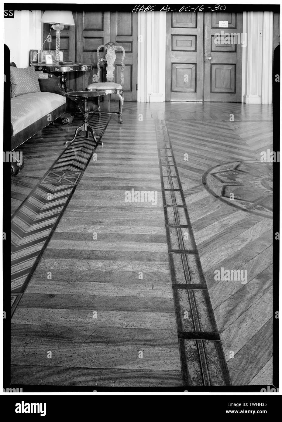 Secondo piano, sala da disegno, dettaglio di pavimenti in parquet, vista OVEST - Decatur House, il National Trust per la conservazione storica, 748 Jackson posto a nord-ovest di Washington, Distretto di Columbia, DC Foto Stock