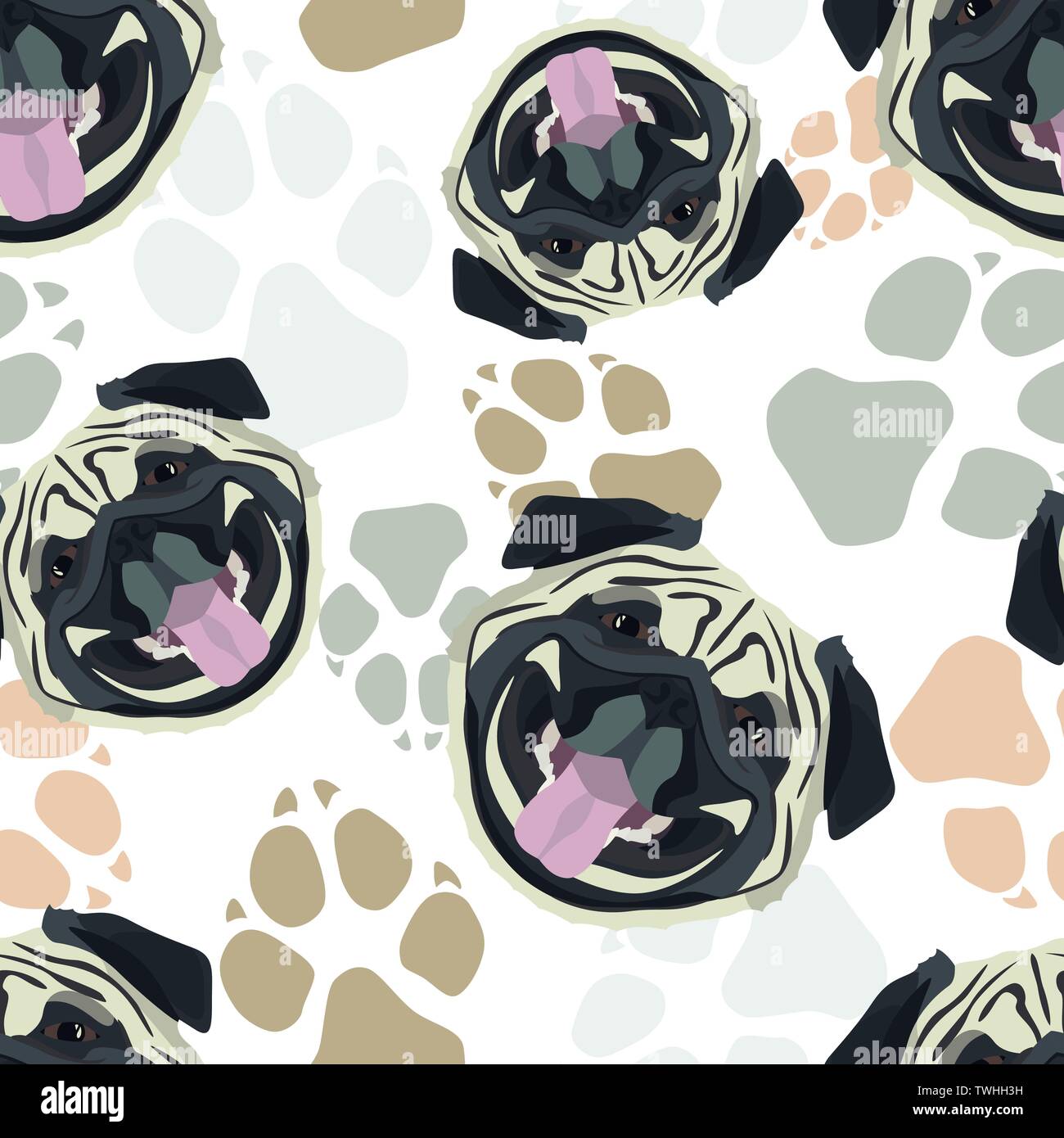 Pattern Pug Dog zampe - Seamless pattern con giocoso illustrazione di un cane e stampe della zampa. Il Sorridente cane è un grande dono per i proprietari di cani. Illustrazione Vettoriale