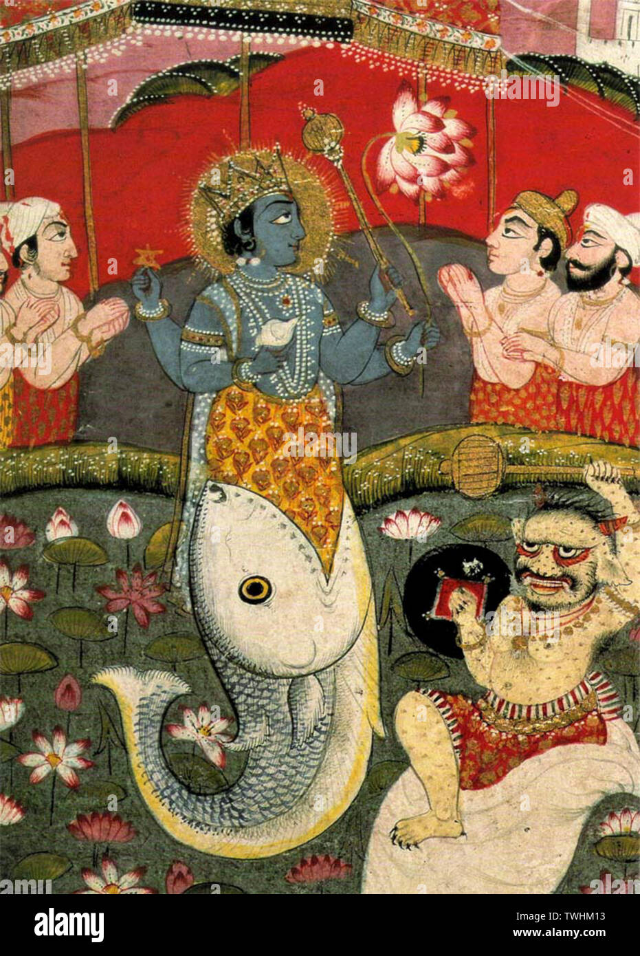 Matsya, l'uomo-pesce e primo avatar di Vishnu, che è venuto a recuperare il  vedas che era stato strappato dal Brahma da Shankhasura durante il diluvio  universale Foto stock - Alamy