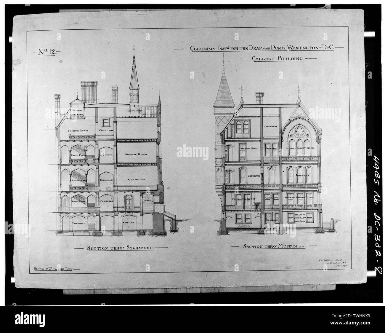 La sezione attraverso la scalinata e sezione attraverso MUSEUM - Gallaudet College, College Hall, settimo e Florida Avenue nord-est, Washington, Distretto di Columbia, DC Foto Stock